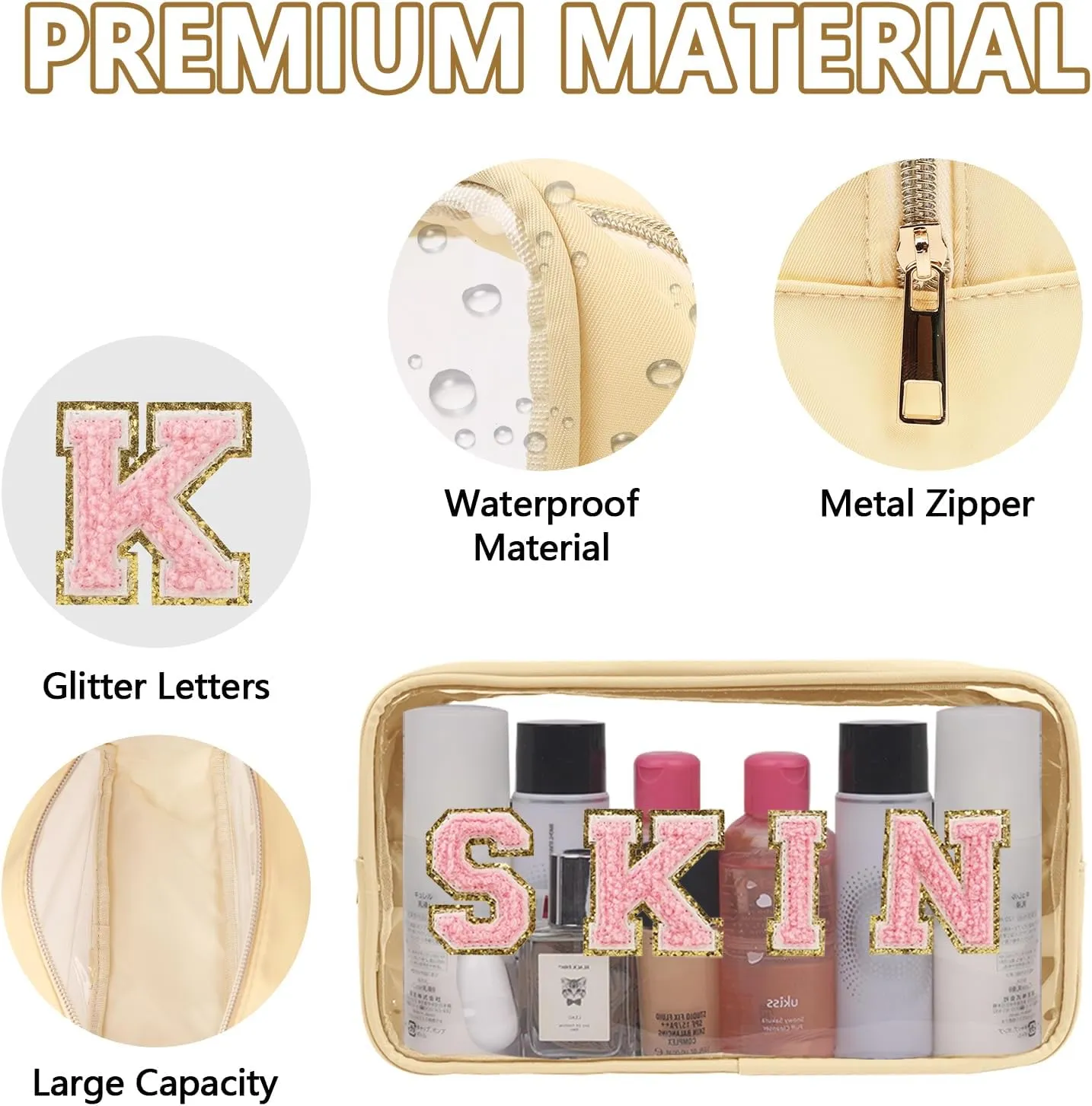 Iqimott Preppy Patch Clear Makeup Skin Bag, Women Chenille Letter Cosmetic Bag for Travel, Nylon Waterproof Organization Outdoor Zipper Pouch Toiletry Bag for Women Girls(Beige)