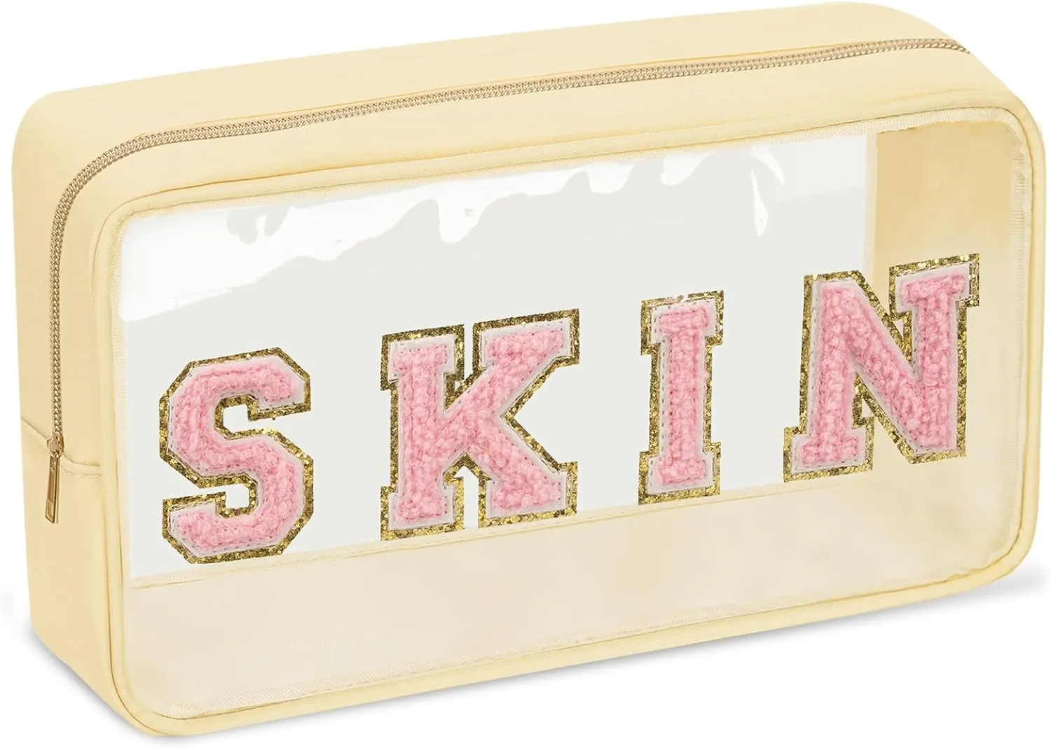 Iqimott Preppy Patch Clear Makeup Skin Bag, Women Chenille Letter Cosmetic Bag for Travel, Nylon Waterproof Organization Outdoor Zipper Pouch Toiletry Bag for Women Girls(Beige)