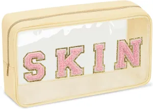Iqimott Preppy Patch Clear Makeup Skin Bag, Women Chenille Letter Cosmetic Bag for Travel, Nylon Waterproof Organization Outdoor Zipper Pouch Toiletry Bag for Women Girls(Beige)