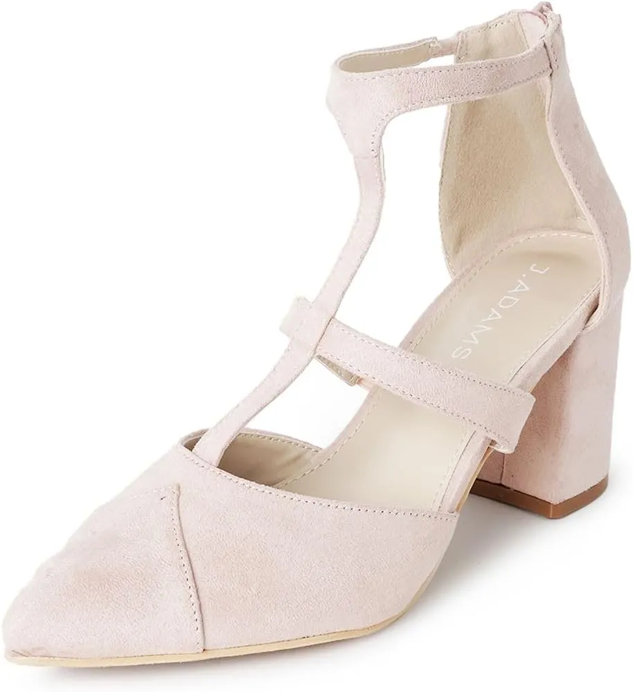 J. Adams Michelle Women's Chunky Block Heel Pointed Toe T-Strap Dress Shoes - Elegant Suede Pumps for Office & Party