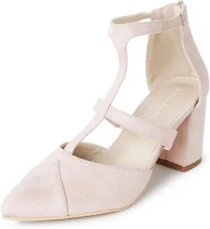 J. Adams Michelle Women's Chunky Block Heel Pointed Toe T-Strap Dress Shoes - Elegant Suede Pumps for Office & Party