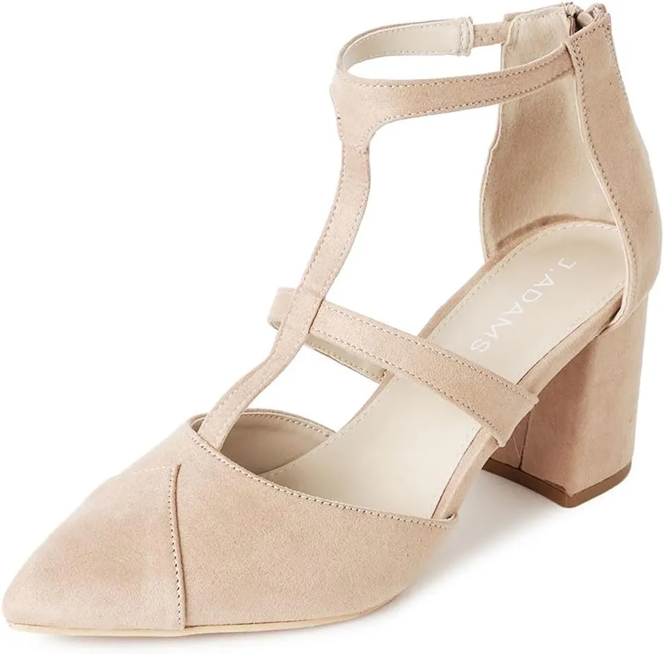 J. Adams Michelle Women's Chunky Block Heel Pointed Toe T-Strap Dress Shoes - Elegant Suede Pumps for Office & Party