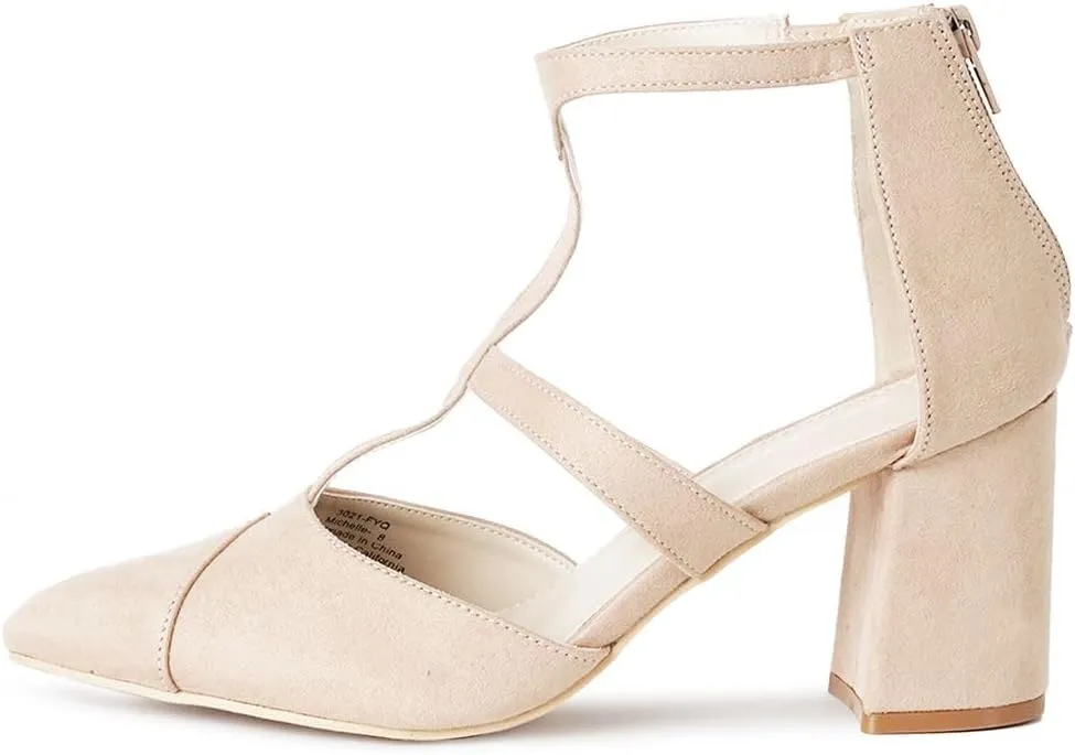 J. Adams Michelle Women's Chunky Block Heel Pointed Toe T-Strap Dress Shoes - Elegant Suede Pumps for Office & Party