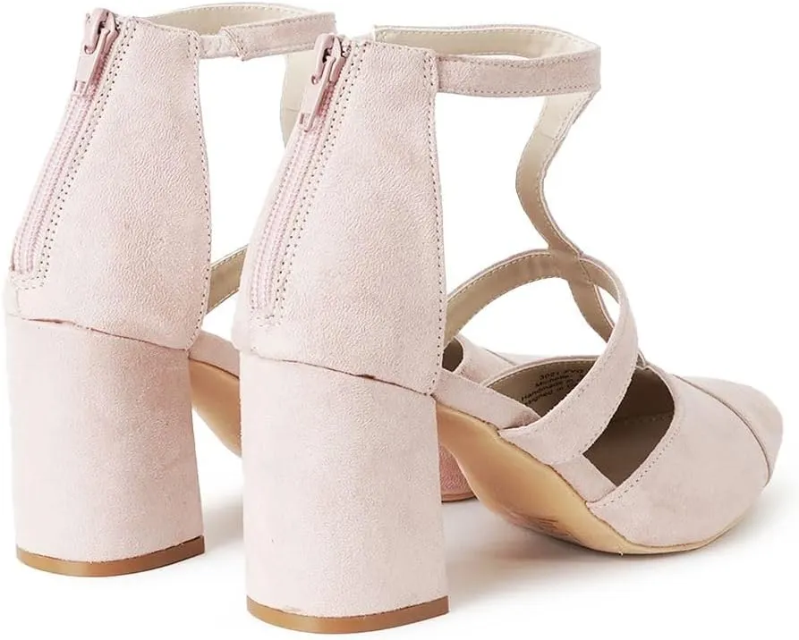 J. Adams Michelle Women's Chunky Block Heel Pointed Toe T-Strap Dress Shoes - Elegant Suede Pumps for Office & Party