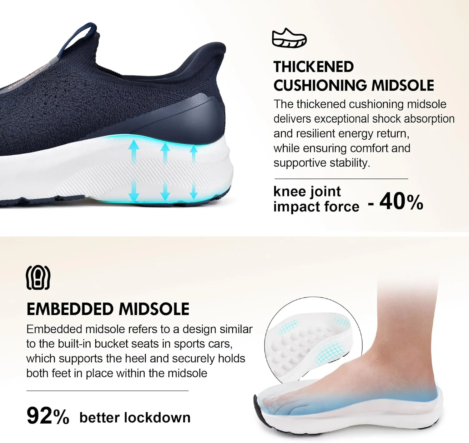 JACKSHIBO Men's Hands Free Slip On Walking Shoes Wide Toe Box Arch Support Orthopedic Sneakers Cushioned Thick Zero Drop Sole