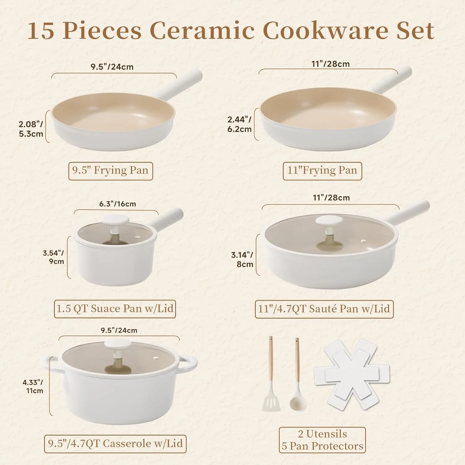 JEETEE Ceramic Cookware Set, 15 PCS Pots and Pans Set Non Stick with Removable Handles, Non Toxic Induction Kitchen Cookware Sets, Oven Safe PFAS/PTFE/PFOA Free Cream