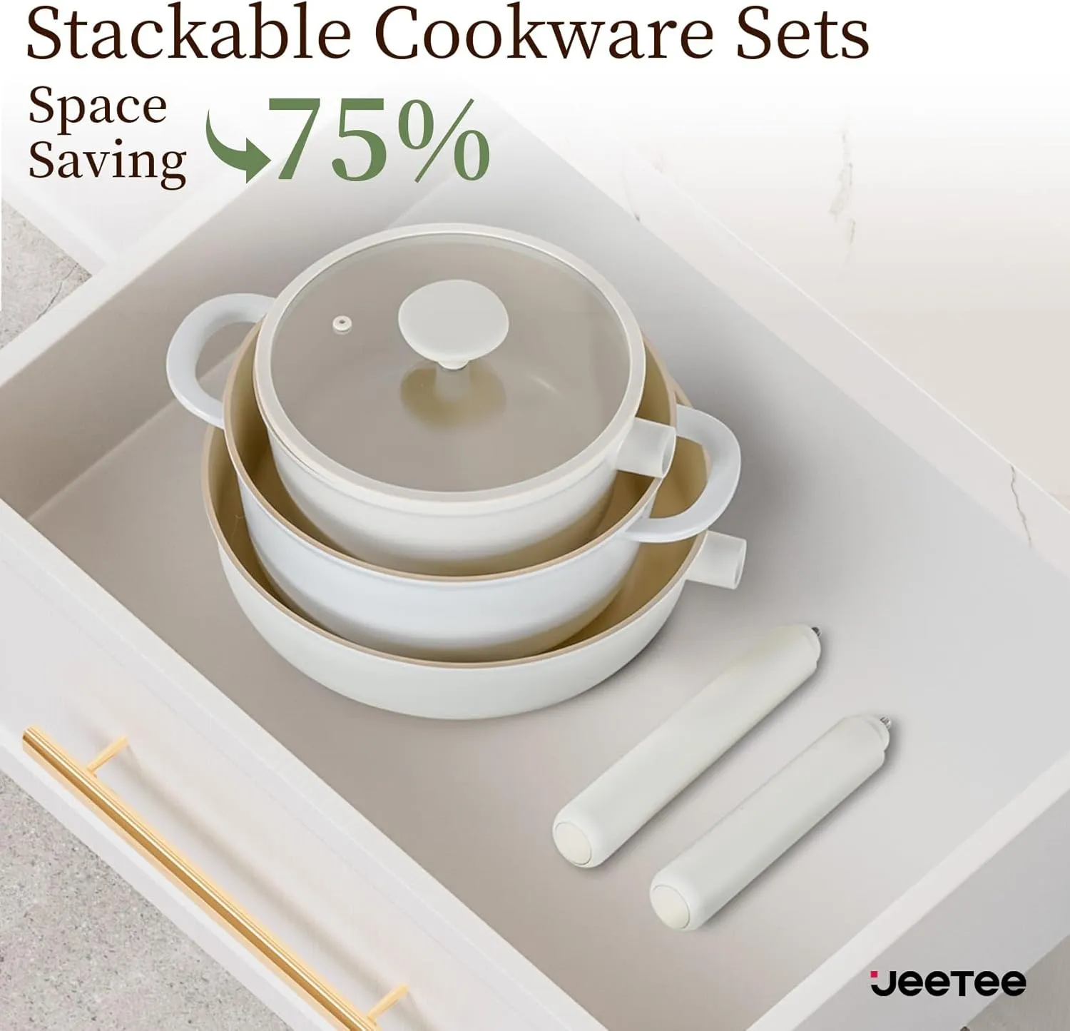 JEETEE Ceramic Cookware Set, 15 PCS Pots and Pans Set Non Stick with Removable Handles, Non Toxic Induction Kitchen Cookware Sets, Oven Safe PFAS/PTFE/PFOA Free Cream