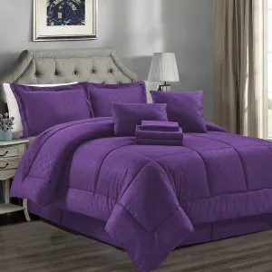 JML Queen Comforter Set, 10 Piece Microfiber Bedding Comforter Sets with Shams - 430GSM Heavyweight, Luxury Solid Color Quilted Embroidered Pattern, Perfect for Any Bed Room or Guest Room Purple