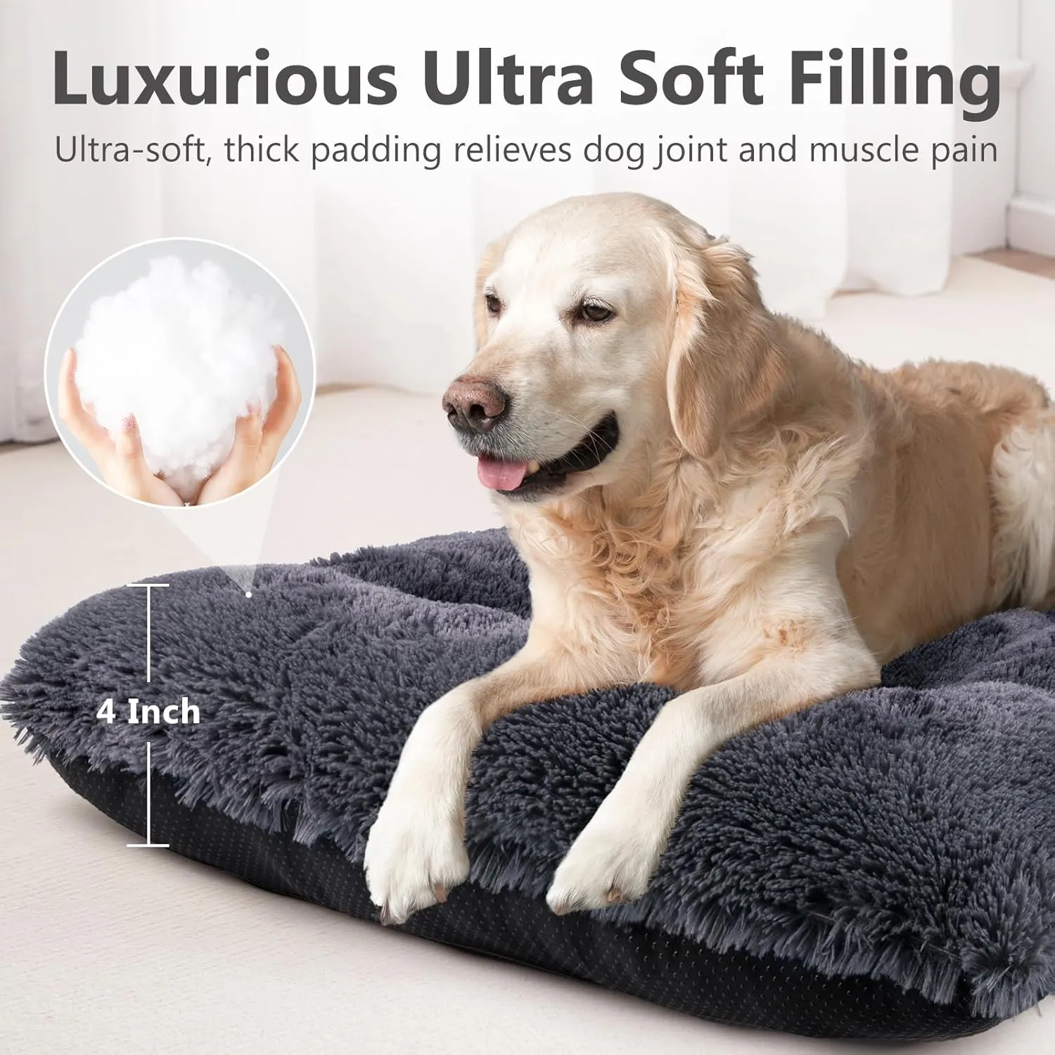 JOEJOY Large Dog Bed Crate Pad, Deluxe Plush Washable Dog Beds Fulffy Soft Kennel Pad Anti-Slip Pet Sleeping Mat for Extra Large Medium Small Dogs, 40" x 27", Grey