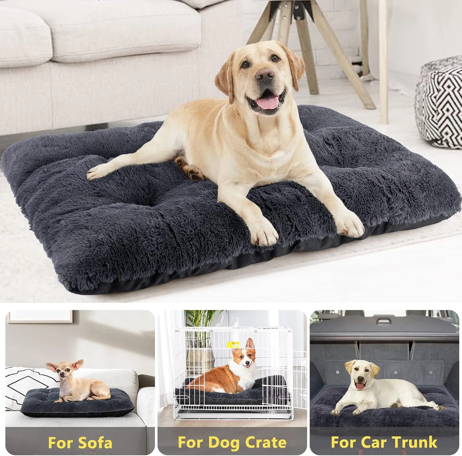 JOEJOY Large Dog Bed Crate Pad, Deluxe Plush Washable Dog Beds Fulffy Soft Kennel Pad Anti-Slip Pet Sleeping Mat for Extra Large Medium Small Dogs, 40" x 27", Grey