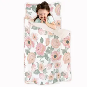 JumpOff Jo - Toddler Nap Mat - Sleeping Bag for Kids with Removable Pillow and Ultra Soft Blanket for Preschool, Daycare, and Sleepovers - Floral Watercolor