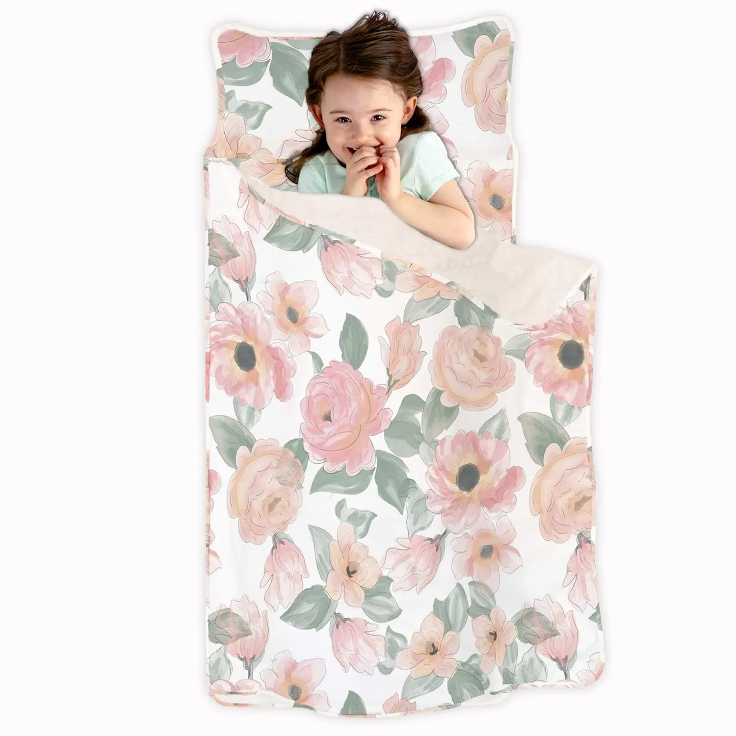 JumpOff Jo - Toddler Nap Mat - Sleeping Bag for Kids with Removable Pillow and Ultra Soft Blanket for Preschool, Daycare, and Sleepovers - Floral Watercolor