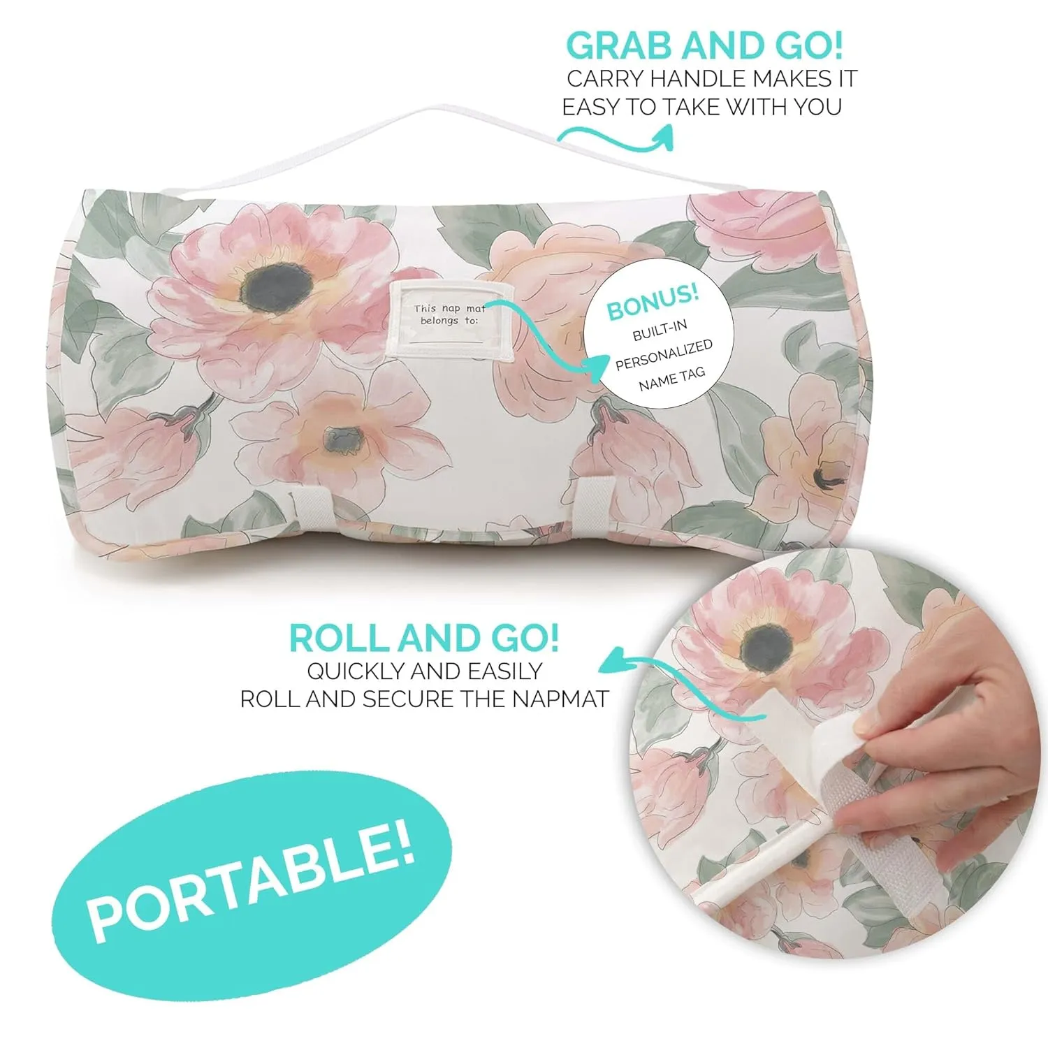 JumpOff Jo - Toddler Nap Mat - Sleeping Bag for Kids with Removable Pillow and Ultra Soft Blanket for Preschool, Daycare, and Sleepovers - Floral Watercolor