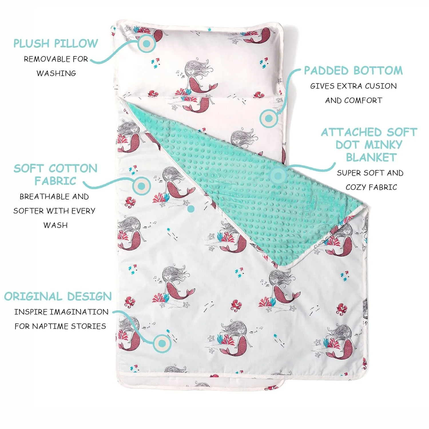 JumpOff Jo - Toddler Nap Mat - Sleeping Bag for Kids with Removable Pillow and Ultra Soft Blanket for Preschool, Daycare, and Sleepovers - Mermaids