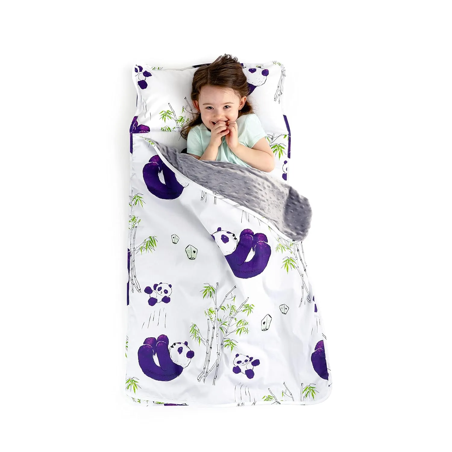 JumpOff Jo - Toddler Nap Mat - Sleeping Bag for Kids with Removable Pillow and Ultra Soft Blanket for Preschool, Daycare, and Sleepovers - Playful Pandas