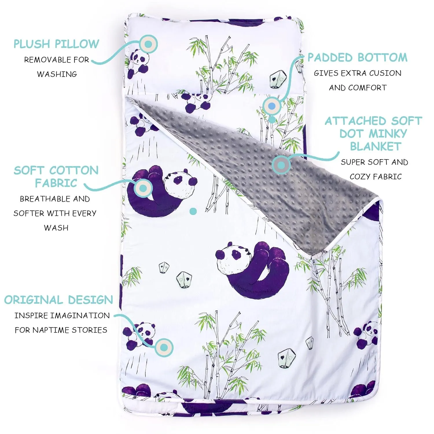JumpOff Jo - Toddler Nap Mat - Sleeping Bag for Kids with Removable Pillow and Ultra Soft Blanket for Preschool, Daycare, and Sleepovers - Playful Pandas