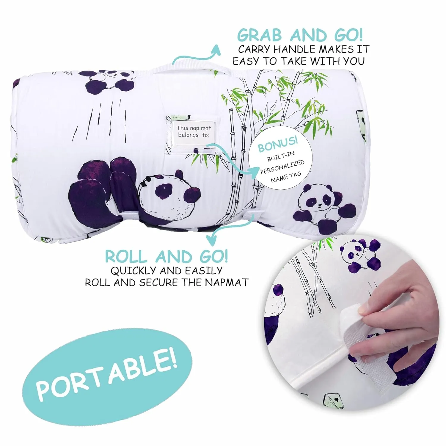 JumpOff Jo - Toddler Nap Mat - Sleeping Bag for Kids with Removable Pillow and Ultra Soft Blanket for Preschool, Daycare, and Sleepovers - Playful Pandas