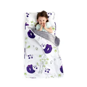 JumpOff Jo - Toddler Nap Mat - Sleeping Bag for Kids with Removable Pillow and Ultra Soft Blanket for Preschool, Daycare, and Sleepovers - Playful Pandas