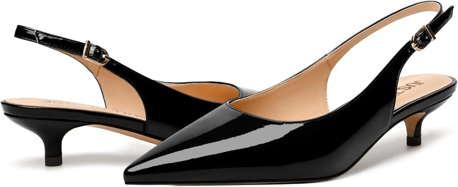 JUSTDANNI Womens Wedding Patent Fashion Buckle Pointed Toe Dress Slingback Kitten Low Heel Pumps Shoes 1.5 Inch