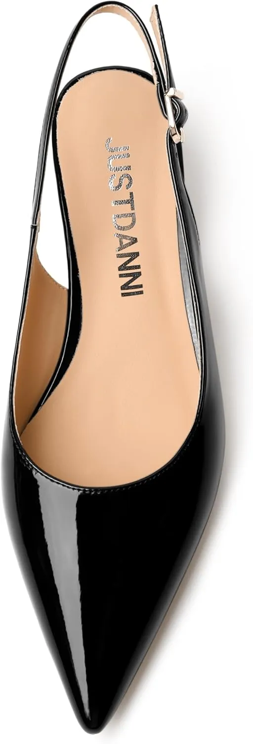 JUSTDANNI Womens Wedding Patent Fashion Buckle Pointed Toe Dress Slingback Kitten Low Heel Pumps Shoes 1.5 Inch