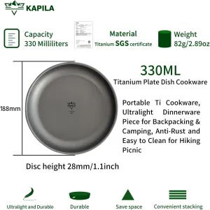 KAPILA Titanium Camping Plate, Dish, Portable Ti Cookware, Ultralight Dinnerware Piece for Backpacking & Camping, Anti-Rust and Easy to Clean for Hiking Picnic (330ml)