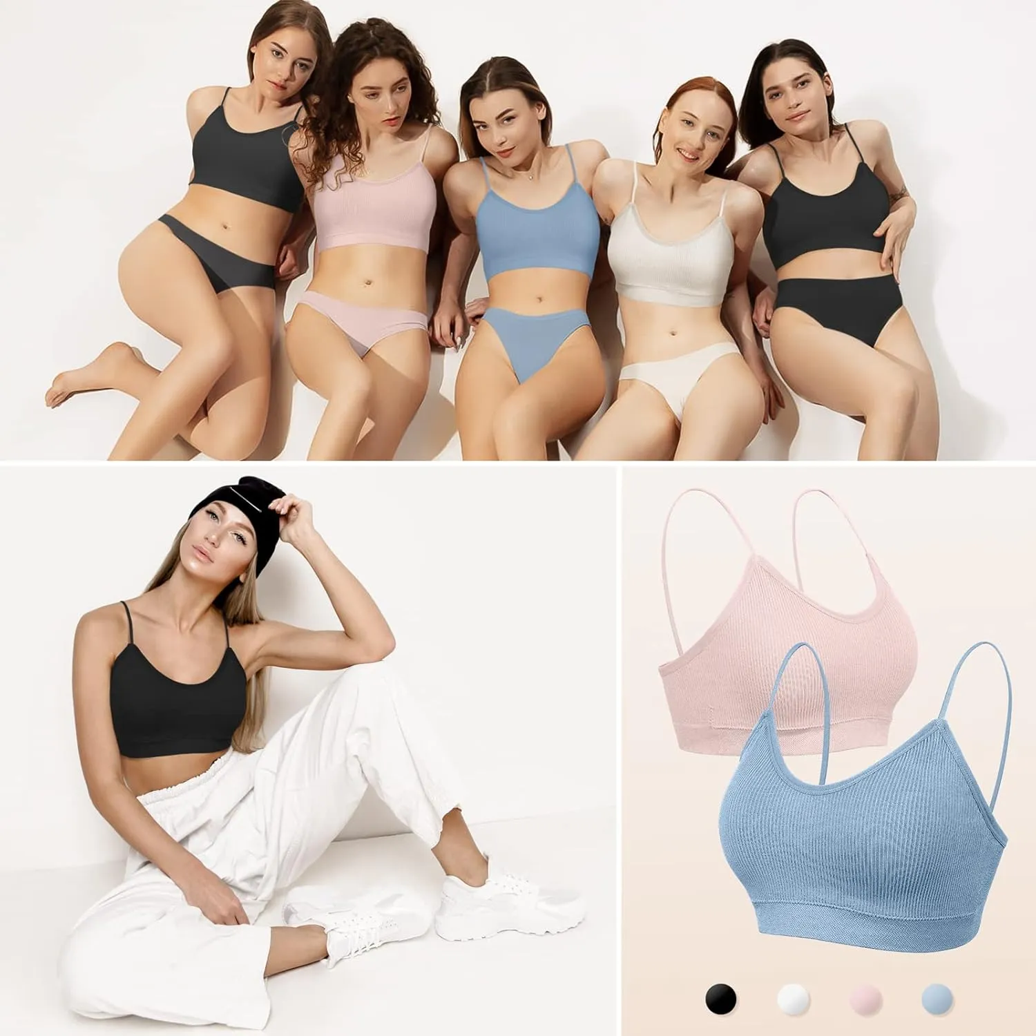 KCDDUMK 4 Pieces Cami Bras - Women's V-Neck Padded Seamless Straps Bralette Everyday Basic Sleeping Bra