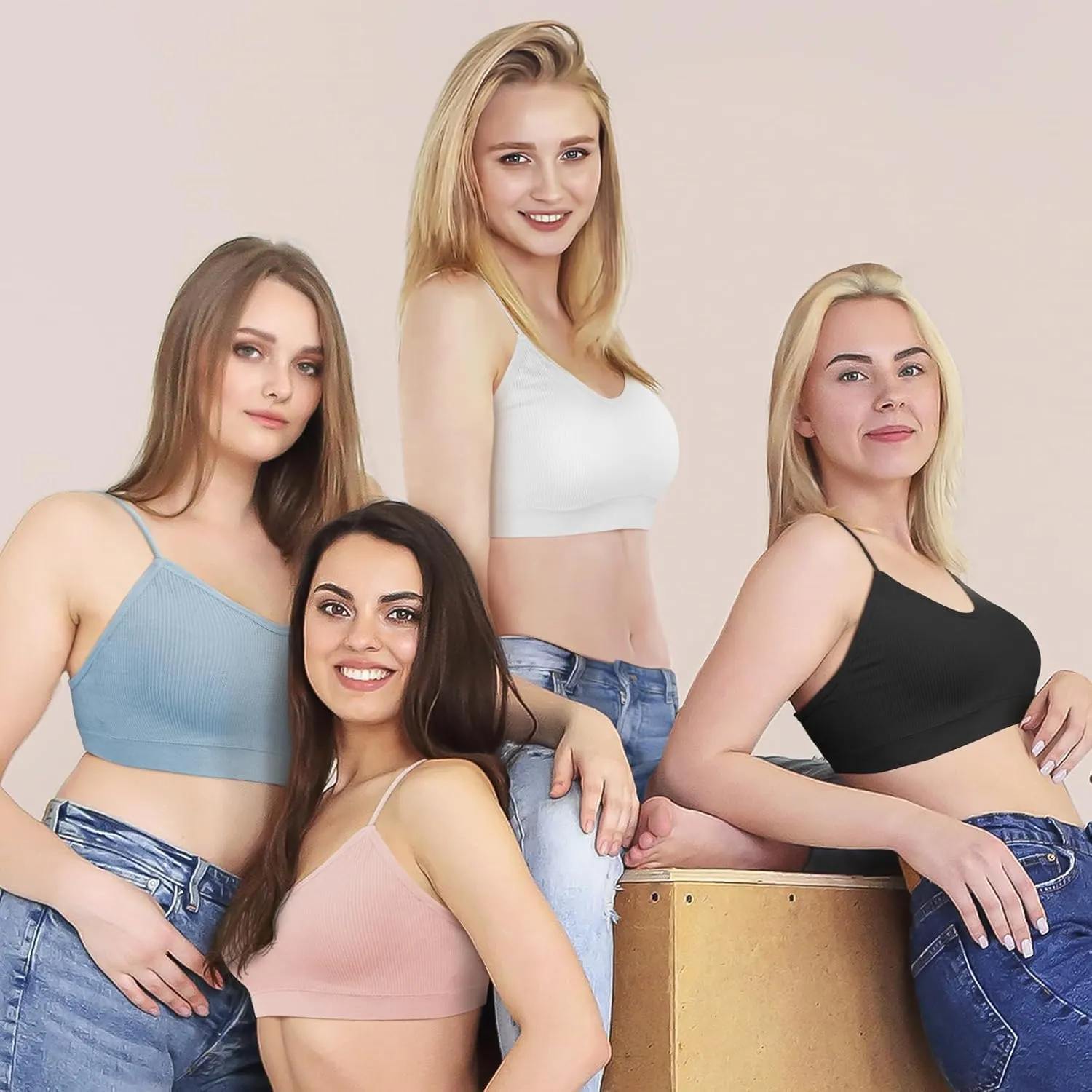 KCDDUMK 4 Pieces Cami Bras - Women's V-Neck Padded Seamless Straps Bralette Everyday Basic Sleeping Bra