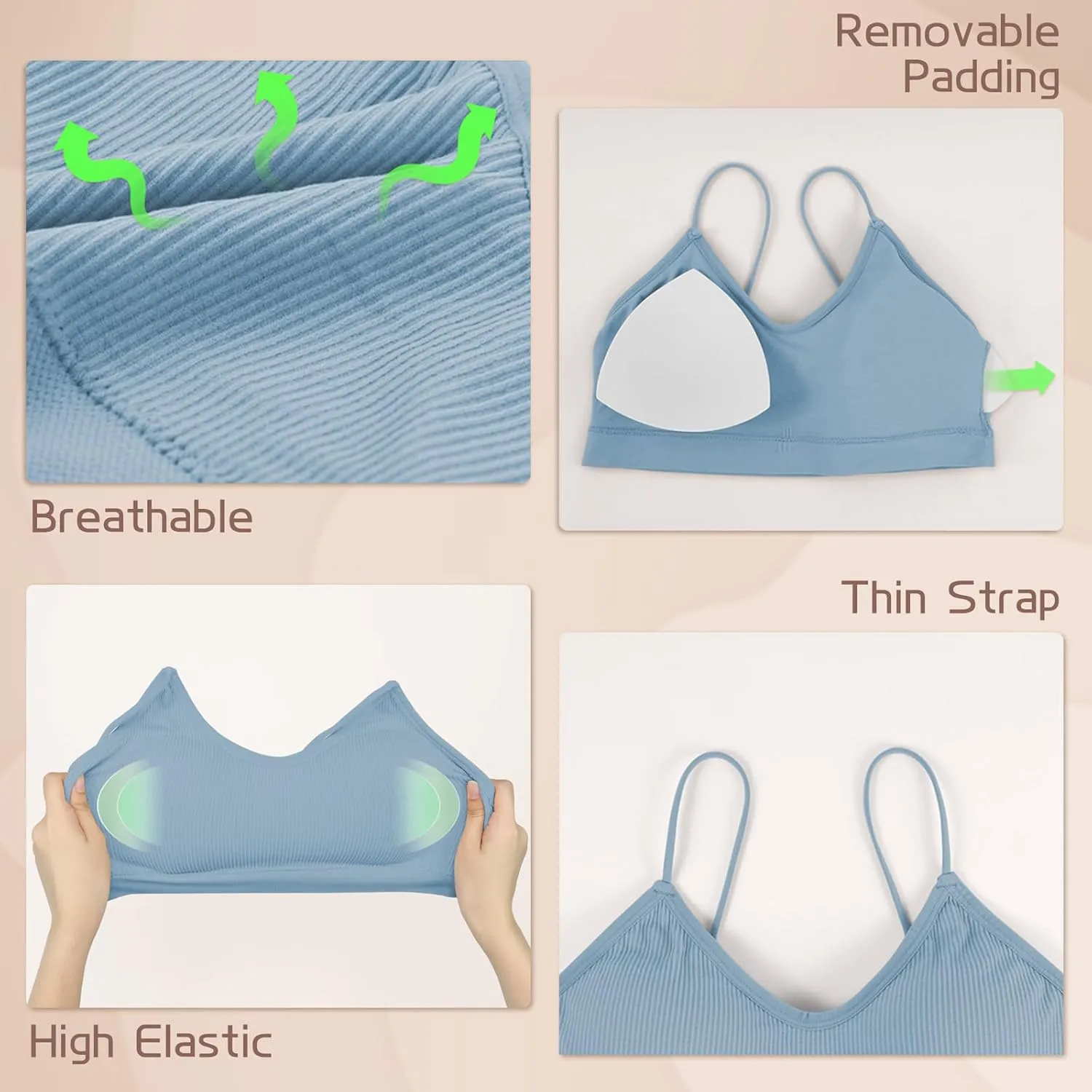KCDDUMK 4 Pieces Cami Bras - Women's V-Neck Padded Seamless Straps Bralette Everyday Basic Sleeping Bra