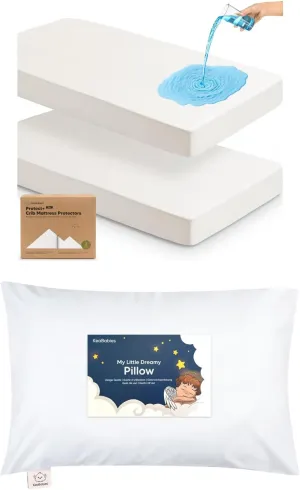 KeaBabies 2-Pack Waterproof Baby Crib Mattress Protector Cover and Toddler Pillow for Boys, Girls - Soft Cotton Protector for Kids Mattress - Kiddy Pillow for Sleeping