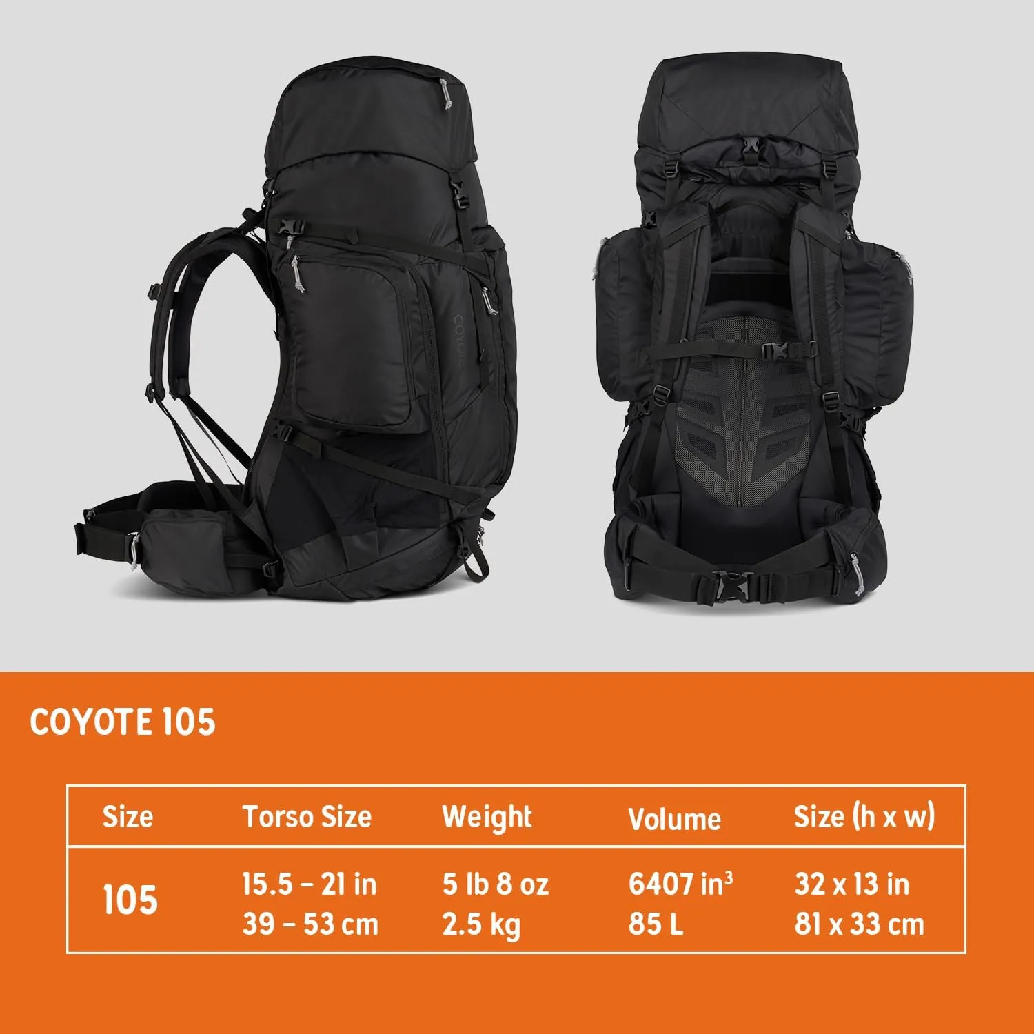 Kelty Coyote 60-105 Liter Internal Frame Backpack - Hiking, Backpacking, Travel, Adjustable Torso (105L / Black)