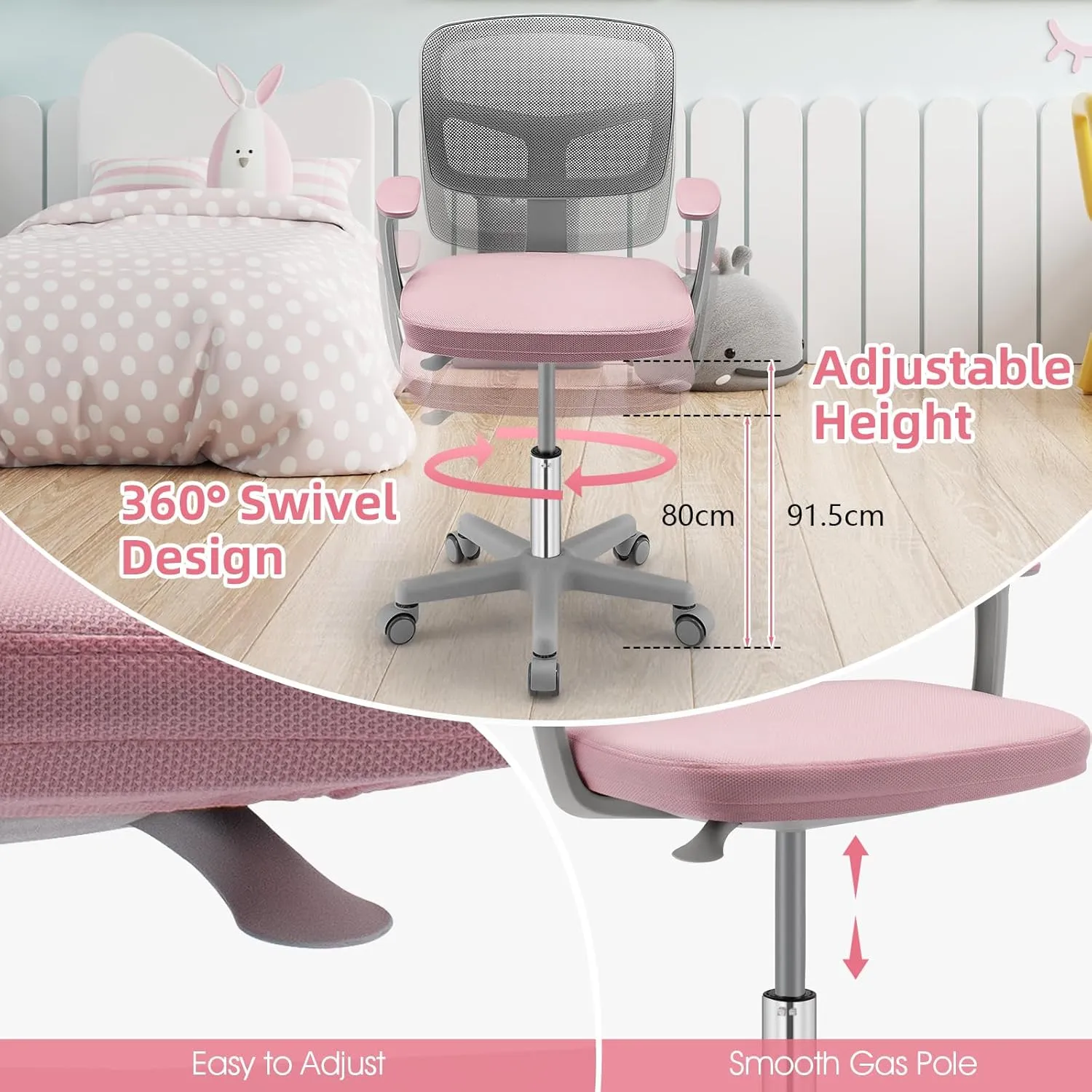 Kids Desk Chair, Ergonomic Kids Swivel Study Chair with Lumbar Support, Breathable Mesh & Universal Wheels, Height Adjustable Kids Computer Chair for Boys & Girls (Pink)
