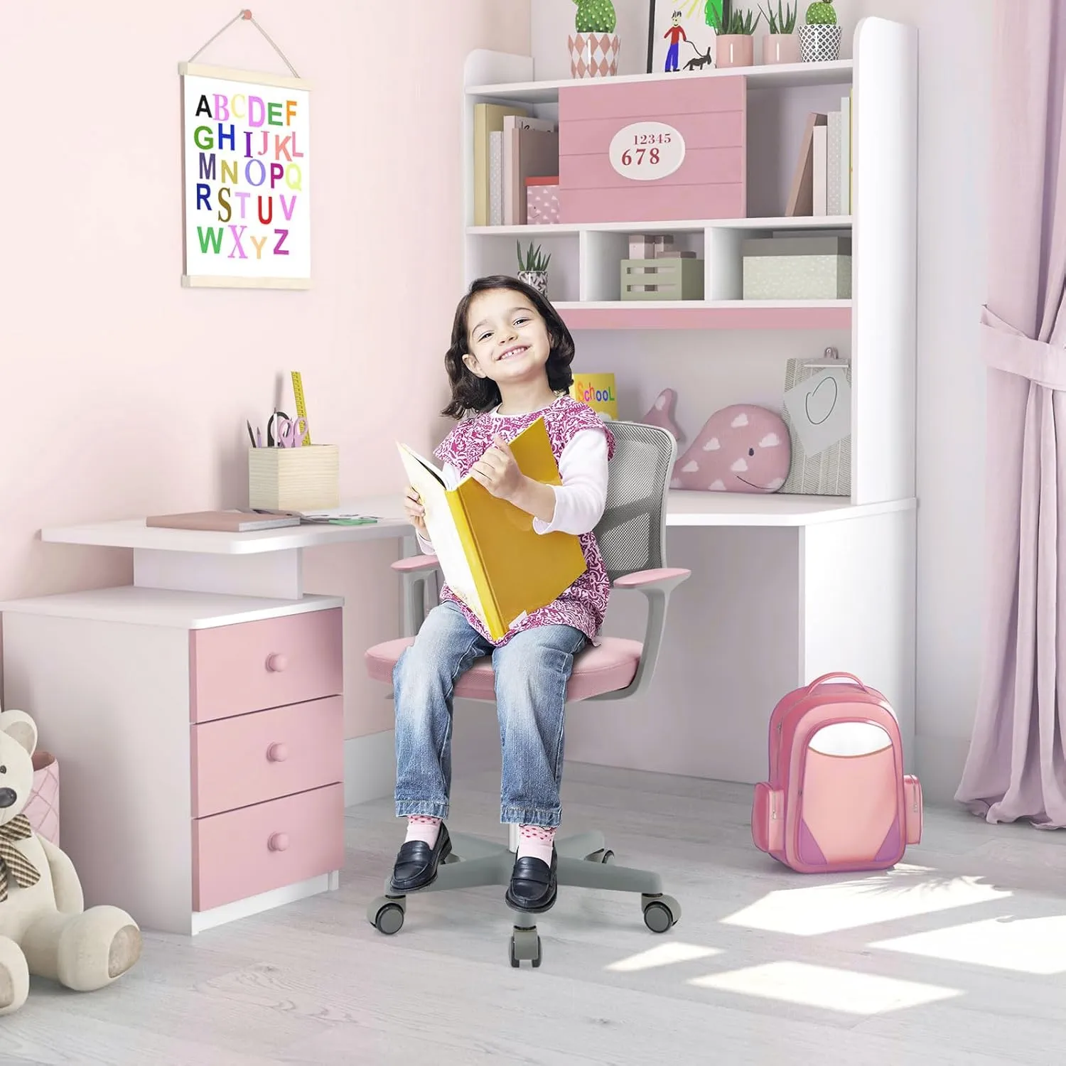 Kids Desk Chair, Ergonomic Kids Swivel Study Chair with Lumbar Support, Breathable Mesh & Universal Wheels, Height Adjustable Kids Computer Chair for Boys & Girls (Pink)