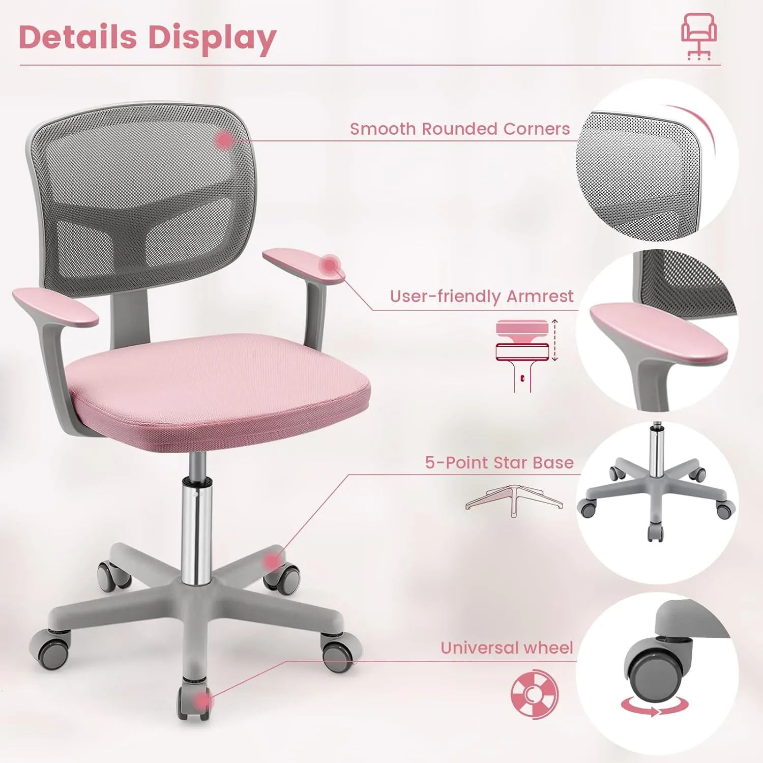Kids Desk Chair, Ergonomic Kids Swivel Study Chair with Lumbar Support, Breathable Mesh & Universal Wheels, Height Adjustable Kids Computer Chair for Boys & Girls (Pink)