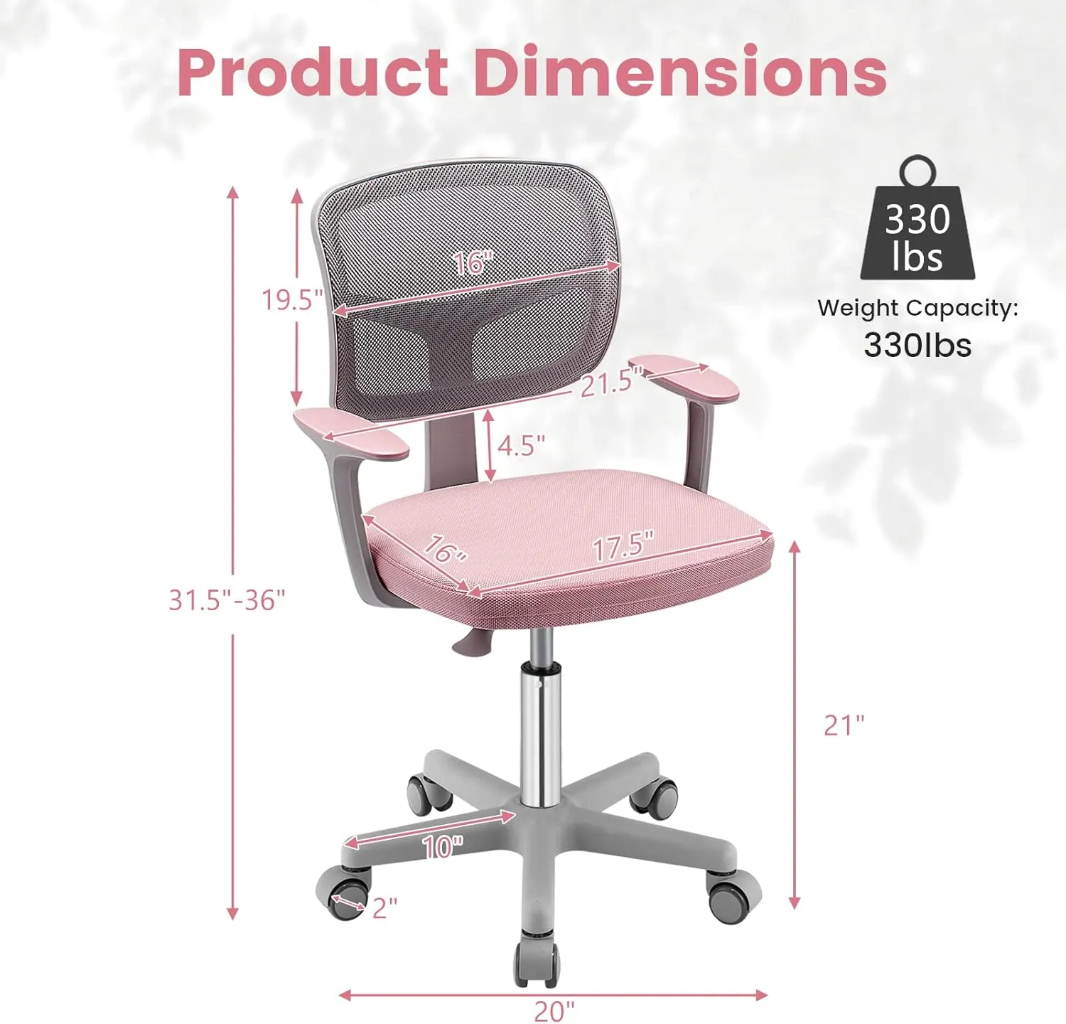 Kids Desk Chair, Ergonomic Kids Swivel Study Chair with Lumbar Support, Breathable Mesh & Universal Wheels, Height Adjustable Kids Computer Chair for Boys & Girls (Pink)