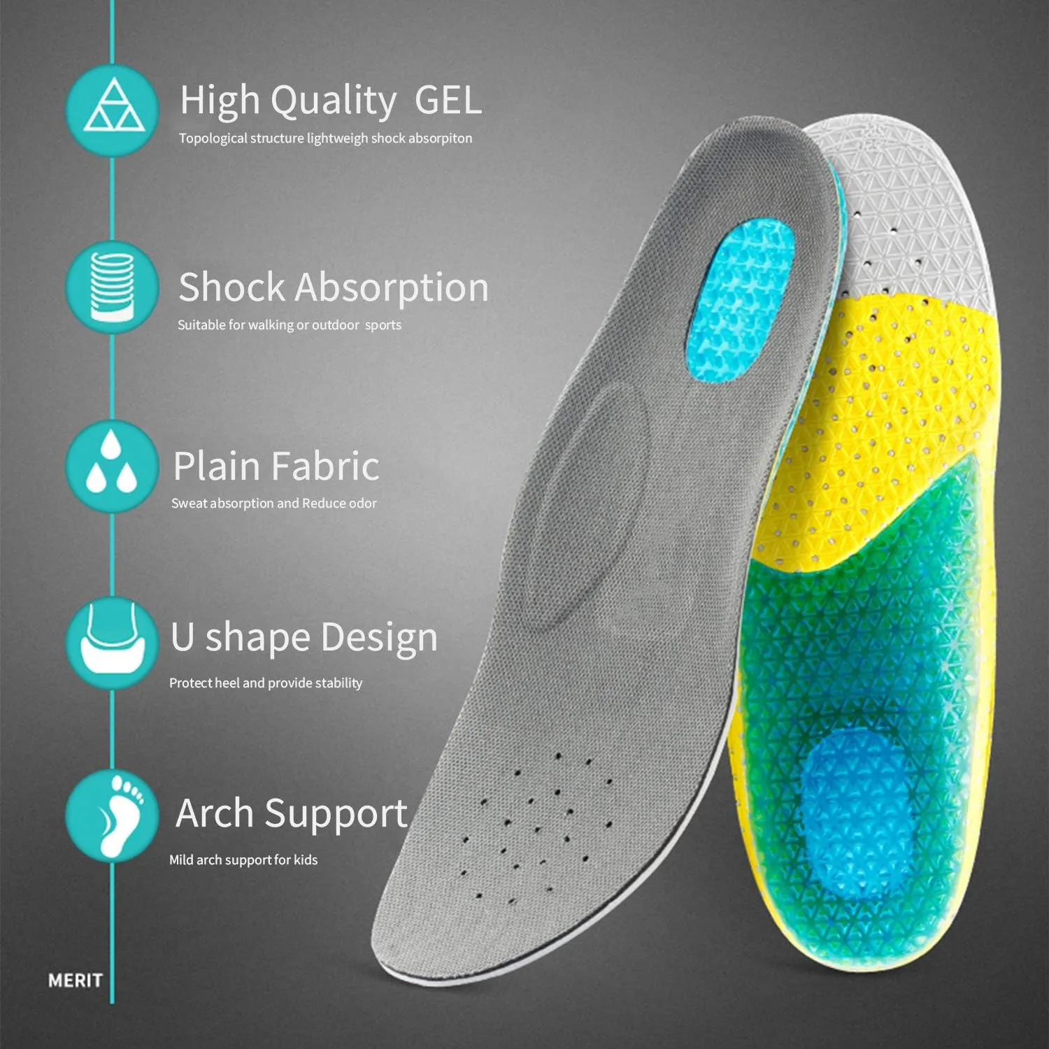 Kids Memory Foam Insoles Comfortable Arch Support Shock Absorbing Silicone Material Insoles Good Feet Step Aid Running Insoles Little Kid US 1-1.5 (7 3/4-8)