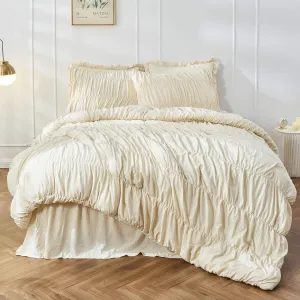 King Size Comforter Set Bedding - Ruched Wheat Comforter King Bed Set Boho Shabby Chic 3 Piece Ruffle Comforter Set With Pillow White Soft and Luxury