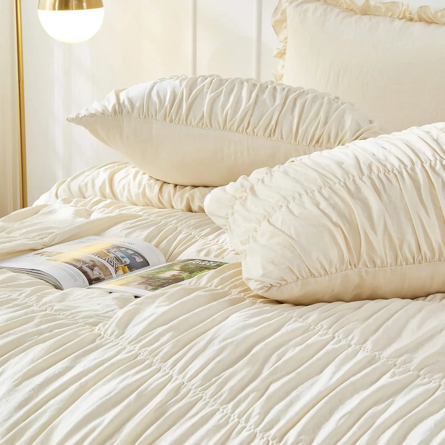 King Size Comforter Set Bedding - Ruched Wheat Comforter King Bed Set Boho Shabby Chic 3 Piece Ruffle Comforter Set With Pillow White Soft and Luxury