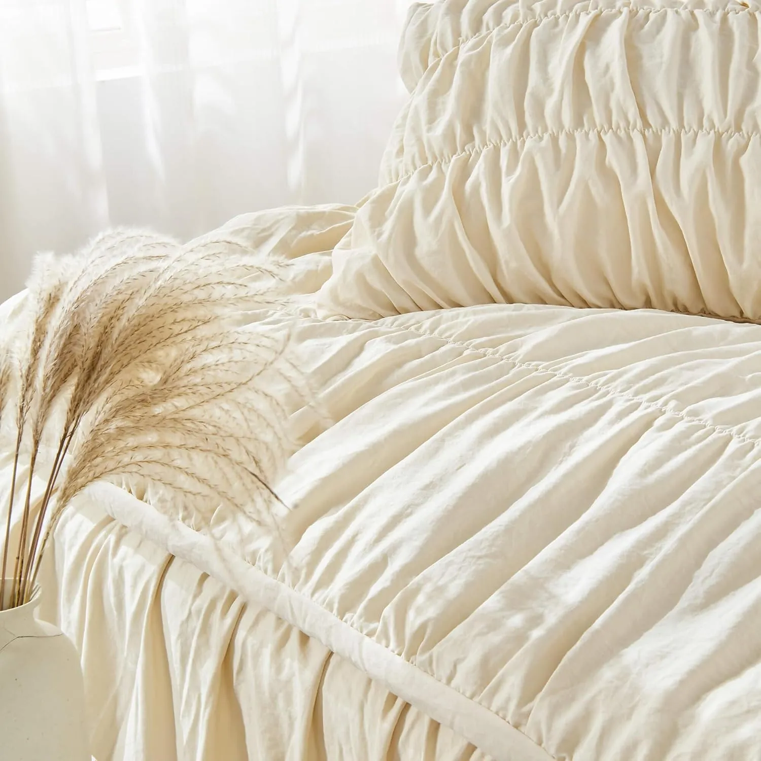 King Size Comforter Set Bedding - Ruched Wheat Comforter King Bed Set Boho Shabby Chic 3 Piece Ruffle Comforter Set With Pillow White Soft and Luxury