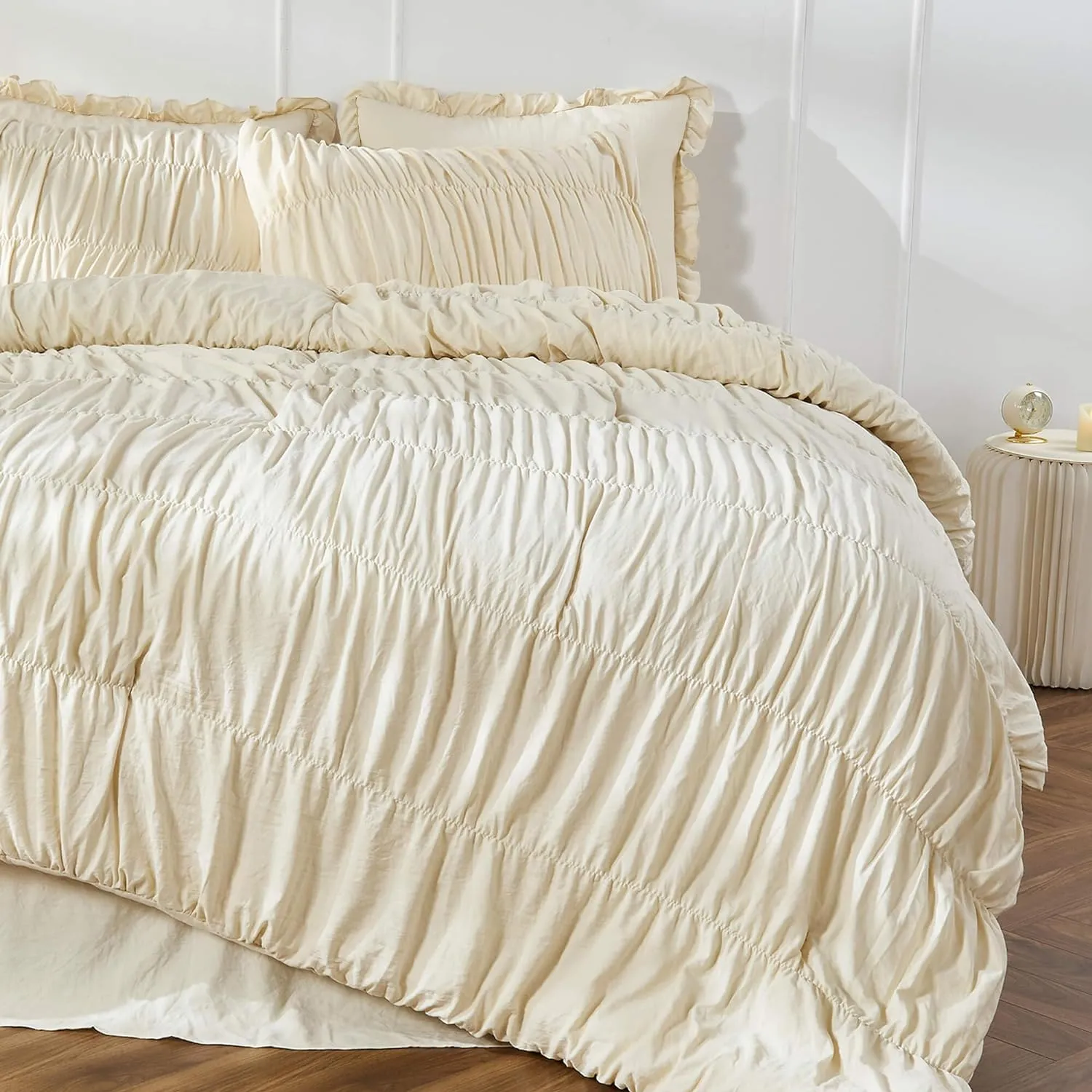 King Size Comforter Set Bedding - Ruched Wheat Comforter King Bed Set Boho Shabby Chic 3 Piece Ruffle Comforter Set With Pillow White Soft and Luxury