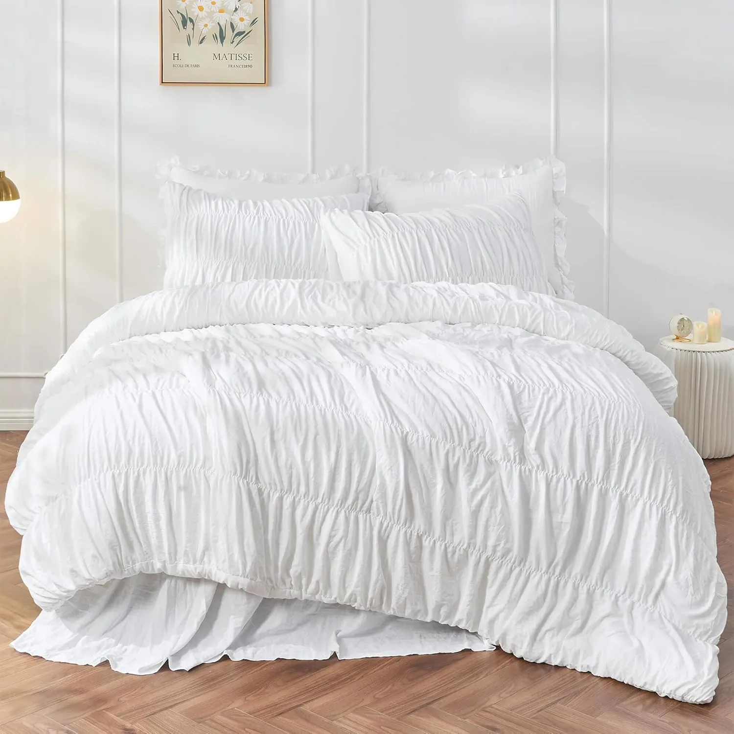 King Size Comforter Set - Ruched White Comforter King Bed Set Boho Shabby Chic Bedding - Fluffy 3 Piece Ruffle Comforter Set with Pillow - Soft and Luxury