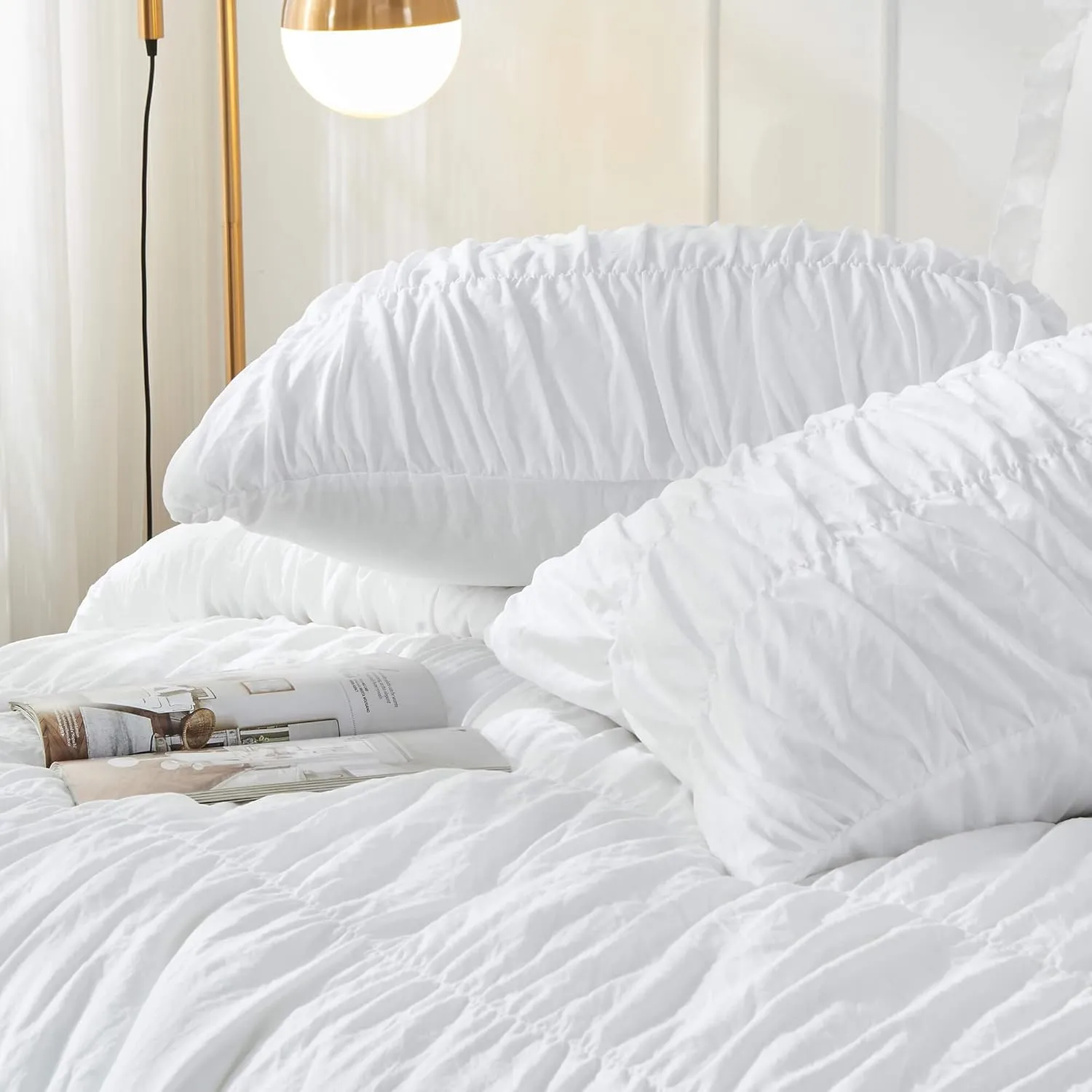 King Size Comforter Set - Ruched White Comforter King Bed Set Boho Shabby Chic Bedding - Fluffy 3 Piece Ruffle Comforter Set with Pillow - Soft and Luxury