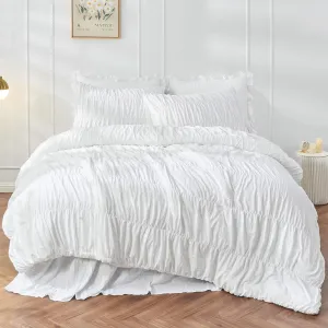 King Size Comforter Set - Ruched White Comforter King Bed Set Boho Shabby Chic Bedding - Fluffy 3 Piece Ruffle Comforter Set with Pillow - Soft and Luxury