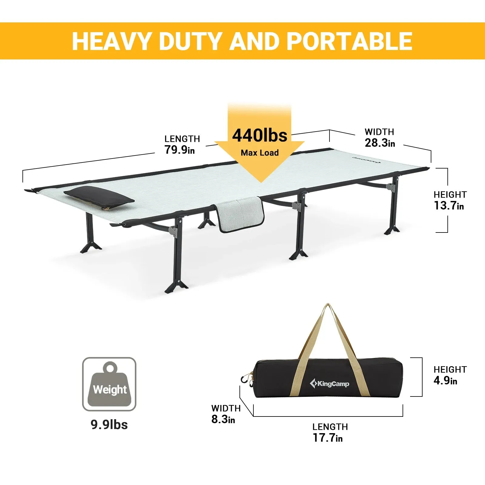 KingCamp Folding Bed Camping Bed, Outdoor Travel Camping, Luxury Plus Height, Ultra Light and Ultra Wide Portable