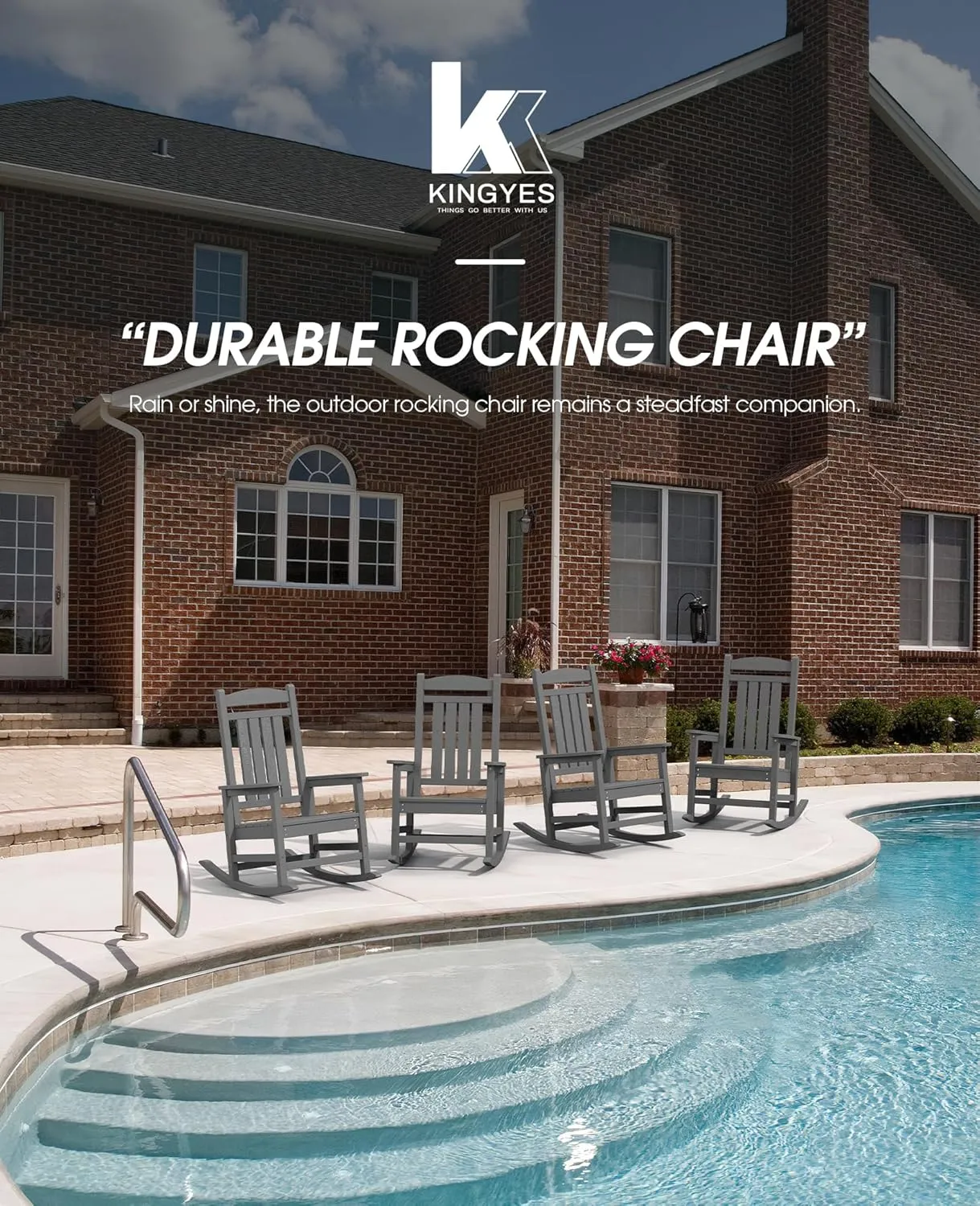 KINGYES HDPE Patio Rocking Chair Set of 2, Outdoor Rocking Chairs Porch Rocker for Adults, Grey