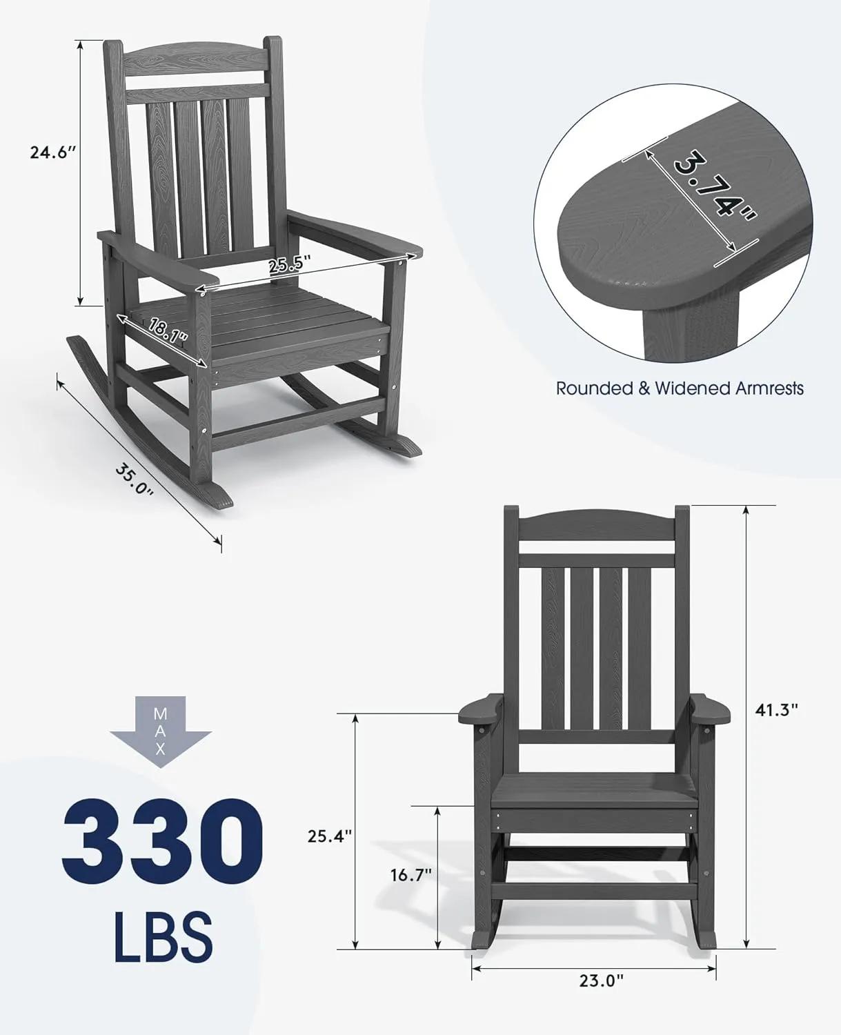 KINGYES HDPE Patio Rocking Chair Set of 2, Outdoor Rocking Chairs Porch Rocker for Adults, Grey