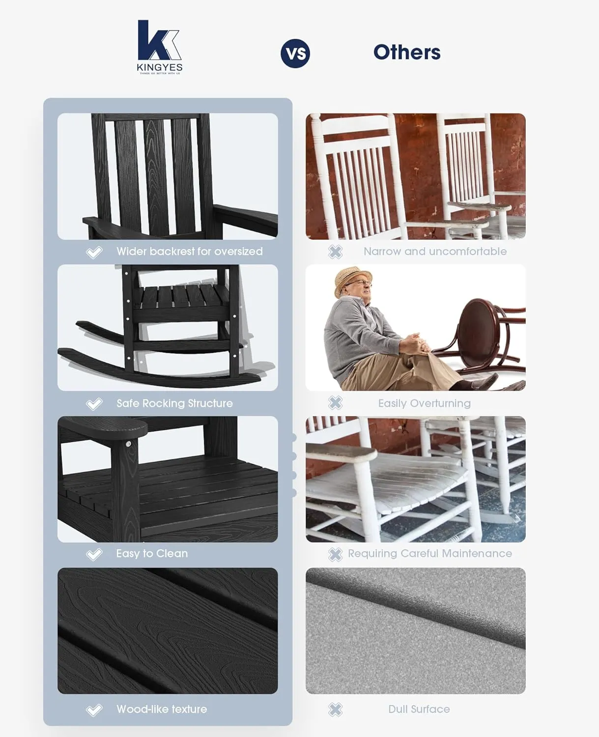 KINGYES Outdoor Patio Rocking Chair, HDPE Porch Rocker, High Back Outdoor Rocking Chair for Adult, Porch Rocker with 330Lbs Support- Black