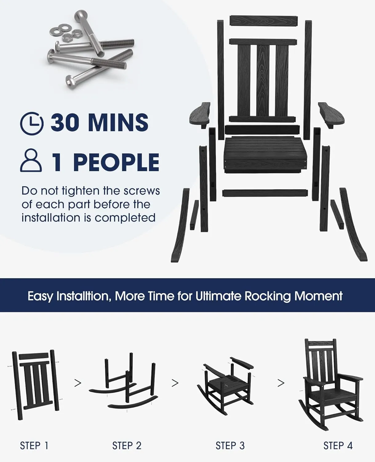 KINGYES Outdoor Patio Rocking Chair, HDPE Porch Rocker, High Back Outdoor Rocking Chair for Adult, Porch Rocker with 330Lbs Support- Black