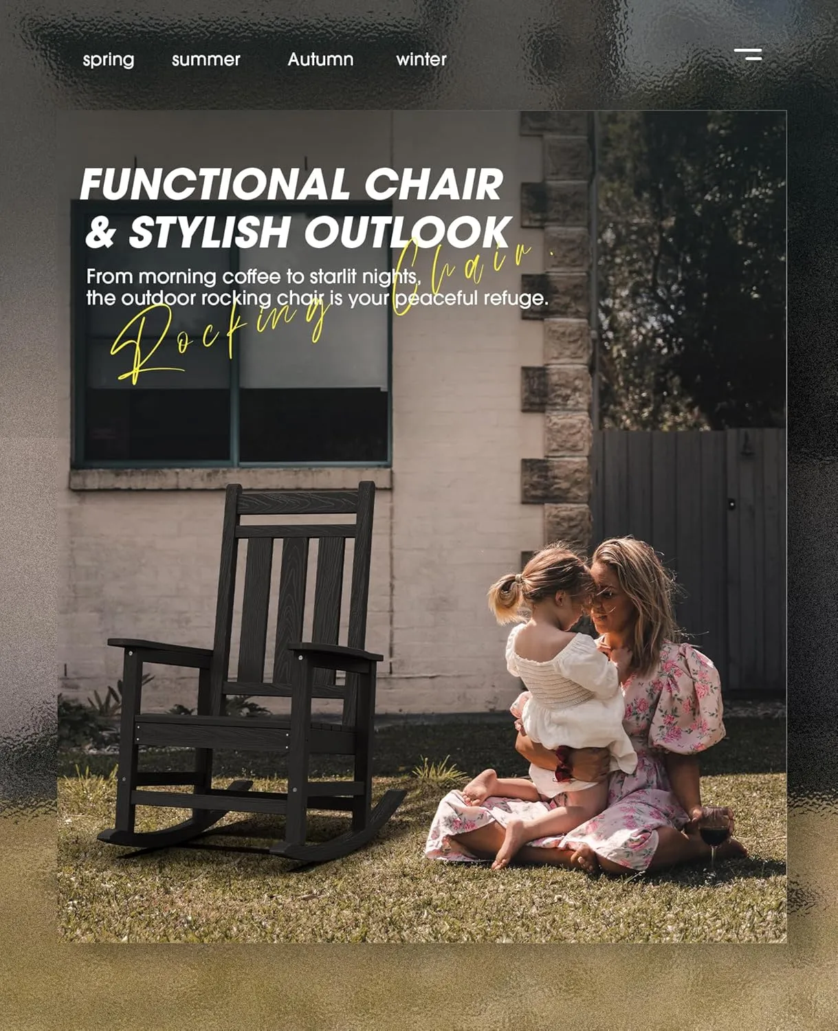 KINGYES Outdoor Patio Rocking Chair, HDPE Porch Rocker, High Back Outdoor Rocking Chair for Adult, Porch Rocker with 330Lbs Support- Black