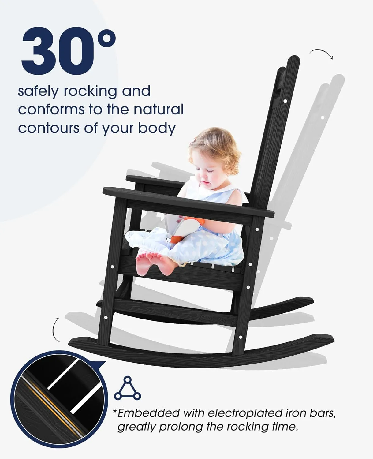 KINGYES Outdoor Patio Rocking Chair, HDPE Porch Rocker, High Back Outdoor Rocking Chair for Adult, Porch Rocker with 330Lbs Support- Black