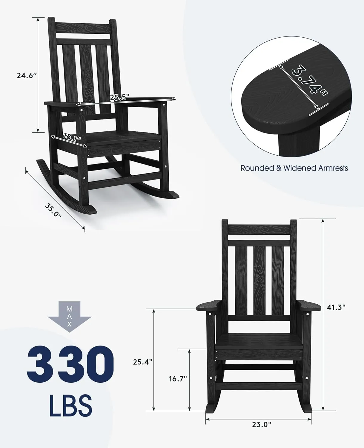 KINGYES Outdoor Patio Rocking Chair, HDPE Porch Rocker, High Back Outdoor Rocking Chair for Adult, Porch Rocker with 330Lbs Support- Black